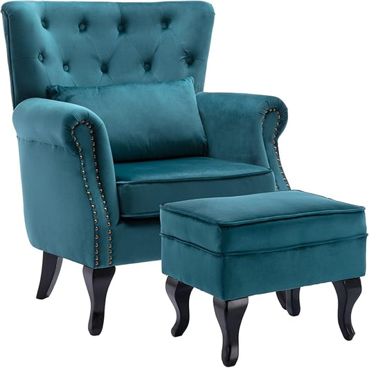 chairus Mid-Century Modern Accent Chair with Ottoman Comfy Velvet Single Sofa Chair Button Tufted Wingback Armchair with Pillow for Living Room/Bedroom/Club - Teal
