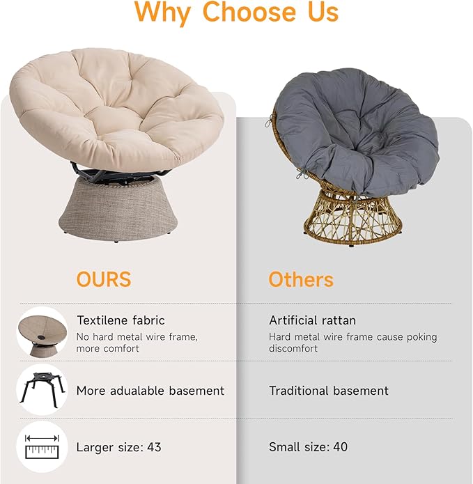 ONBRILL 43″ Ergonomic Papasan Chair with Soft Thick Cushion and Sturdy Steel Frame 360 Degree Swivel Chair for Living Room Bedroom Reading Room Patio Outdoor Beige