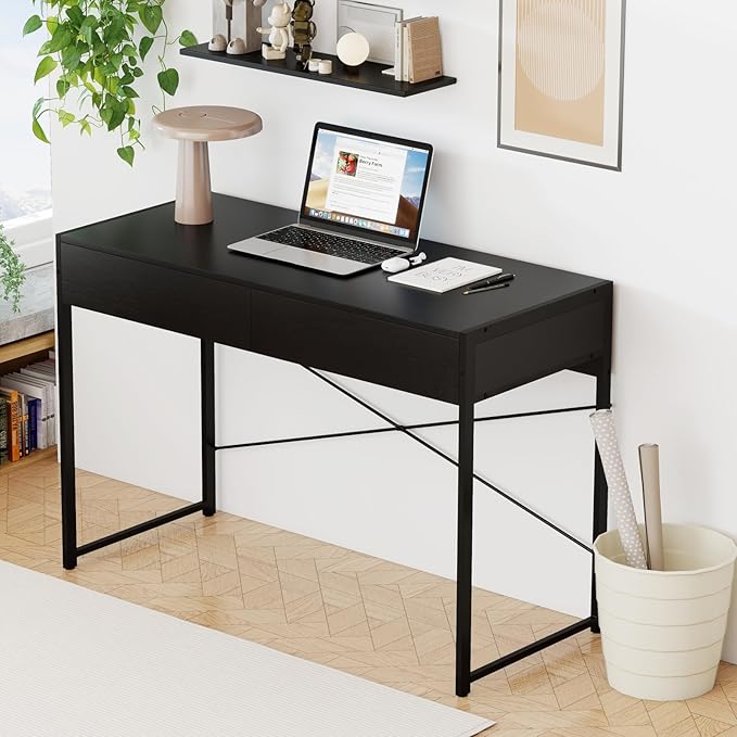 Tangkula Computer Desk with 2 Drawers 44 Inch Home Office Desk with Metal Frame &amp Anti-Toppling Device Modern Writing Desk Study Desk Compact Laptop PC Desk for Small Space (Black)