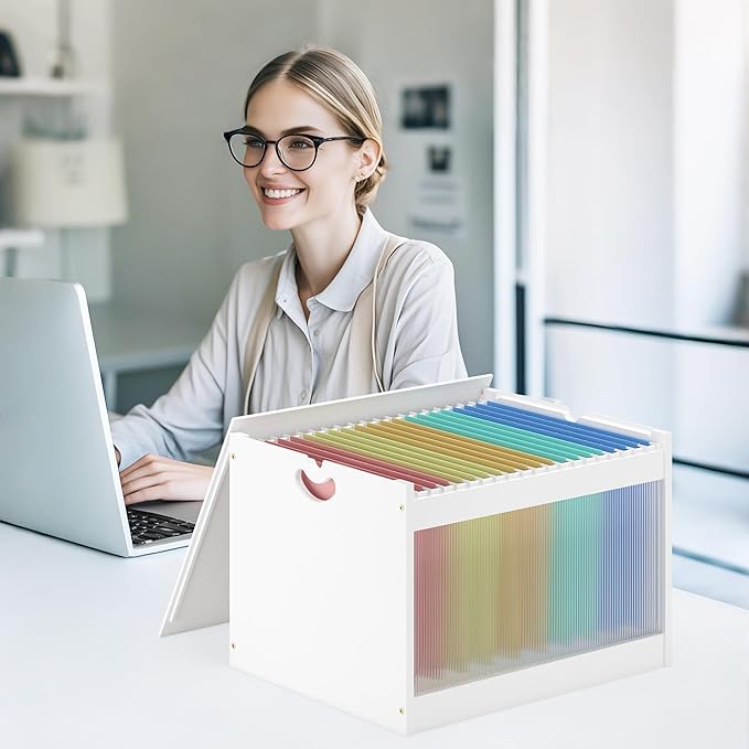 Hanging File Box Organizer for Letter Size Bamboo Acrylic File Folder Storage with Lid Clear Moving Boxes Wooden with Handle Desktop Wood Filing Holder for Office Banker Document White 1 Pack