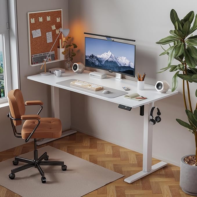 48x24 Inches Height Adjustable Electric Standing Desk with 2 Hooks for Home Office Ergonomic Sit Stand up Desk with Splice Board White