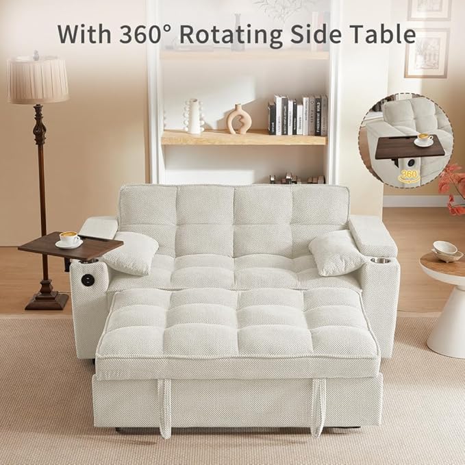 65'' Convertible Sleeper Sofa Bed with Adjustable Backrest Chaise Lounge Side Table &amp USB/Type-C Ports – Stylish &amp Functional Addition to Any Living Room (Modern Beige Sofa Bed)