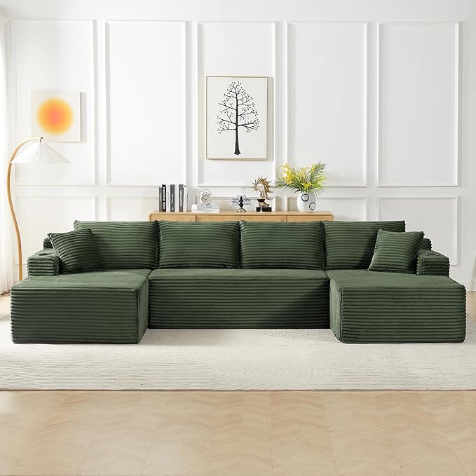 134 Inch Modular Sectional Sleeper Sofa Boneless Cloud Couch for Living Room U Shaped 5 Seat Sofa with 2 Storage Pockets&amp 2 Cup Holders Free Combination No Assembly Required (Green)
