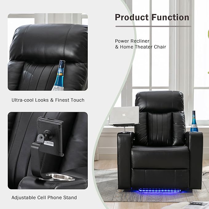 Black Power Recliner Chair with Cupholders &amp Storage - Armchair Electric Reclining with USB Port 360° Swivel Tray Table Cell Phone Stand Ambient Lighting Leather Living Room Chair for Home The