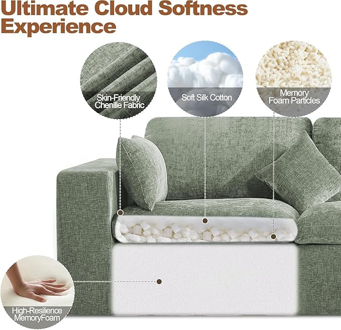 115''Cloud Boneless Sectional Couch Modular Sectional Sofa Deep Seat Oversized Upholstered Convertible Comfy 3 Seater Chenille Memory Foam Sofa Couches for Living Room Green