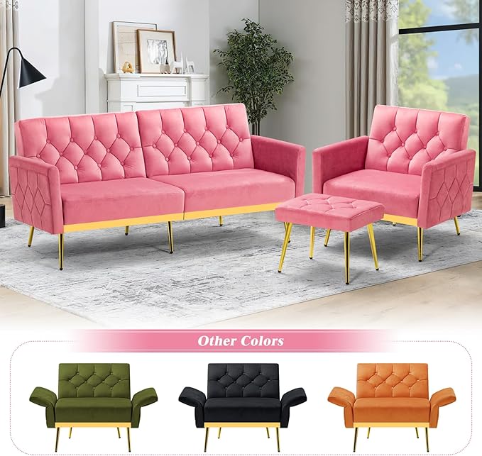 Velvet Accent Chair w/Adjustable Armrests and Backrests Tufted Single Sofa with Ottoman Upholstered Reading Chiar for Living Room Apartment Bedroom Pink