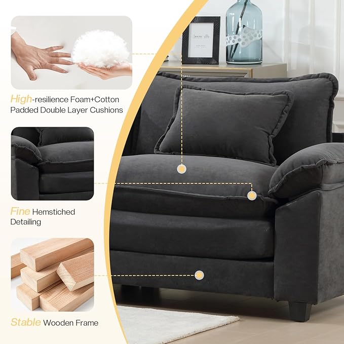 Sectional Sofa Modular Cloud Couch with Ottoman Deep Seat Sleeper Sofas with Throw Pillows Comfy Velvet Single Sofa for Living Room Apartment (Dark Grey Single Seat)