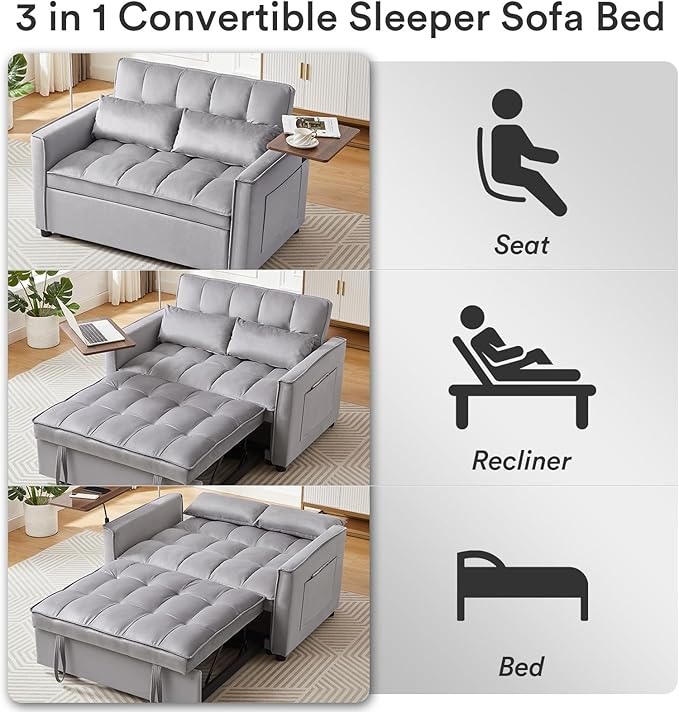Rovibek 3 in 1 Convertible Sofa Bed Sleeper Pull Out Couch with Table Futon Loveseat Sofa Bed for Living Room with Adjustable Backrest 2 Pillows (Grey