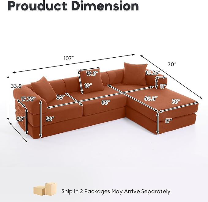 L Shaped Modular Sofa Bed with Cylindrical Pillow &amp Reversible Chaise Corduroy Folding Floor Convertible Sofa Couch Bed with Fixed-Shape Frame &amp Storage Pocket for Living Room Orange