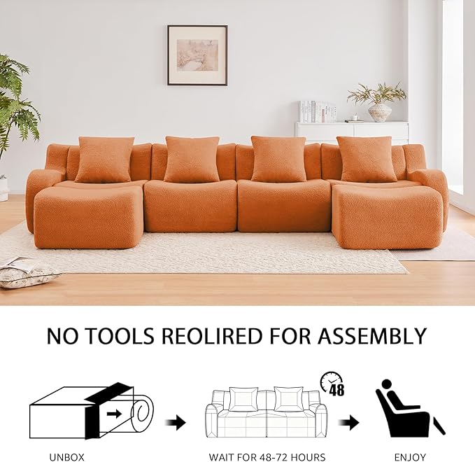 Orange L-Shaped Cloud Couch with 1 Ottoman Modern Teddy Fabric Boneless Sectional Sofa in a Box Modular Floor Sofa for Living Room Deep Seat No Assembly Required Sofas para Sala