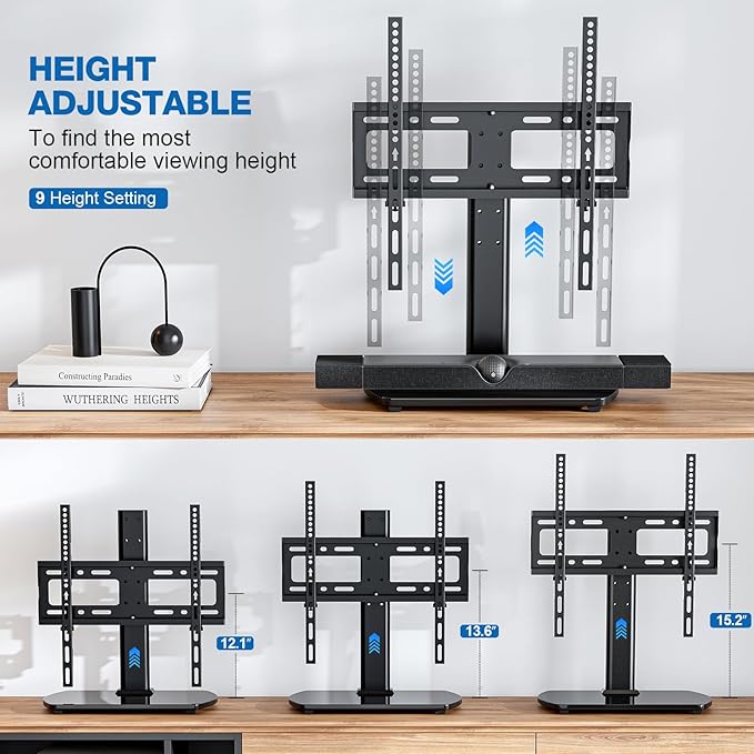 Universal TV Stand for 27-60 Inch TVs with Swivel Mount Height Adjustable Table Top TV Stand Mount Heavy Duty Tempered Glass Base TV Pedestal Stand Holds up to 88 lbs VESA 400x400mm