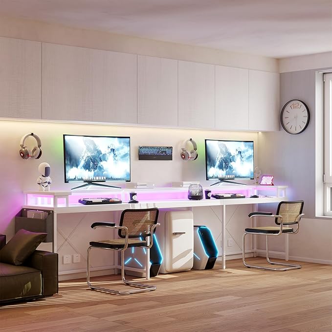 78 Inch Large Computer Desk with Power Outlets &amp USB Ports u Shaped Corner Desk with RGB LED Lights Monitor Stand &amp Storage for Home and Office White