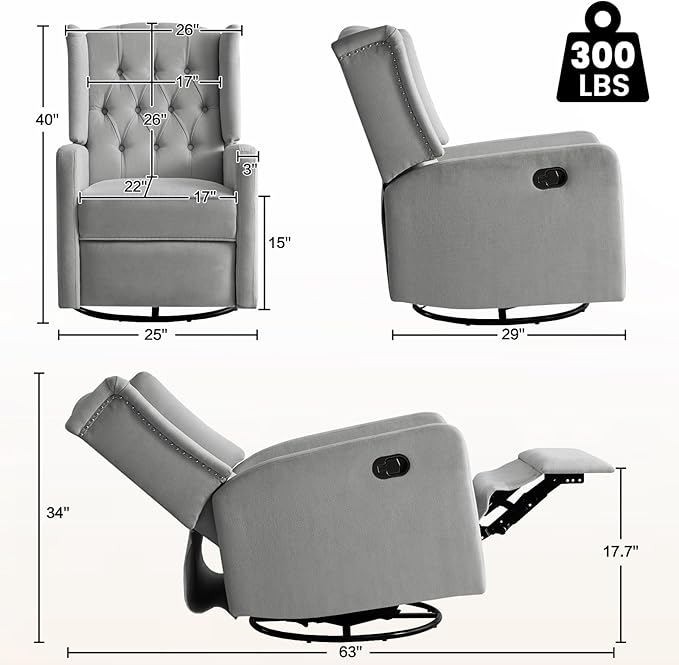 ABAKAN Swivel Rocker Recliner Chair 360 Degree Nursery Rocking Recliner Linen Glider Chair with Button Tufted Wingback Chair for Living Room Bedroom Gray