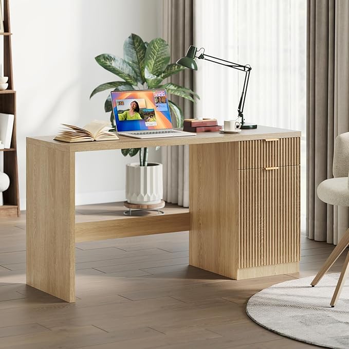 60 Fluted Executive Desk with Drawers Wood Computer Desk with Storage Cabinet Home Office Desks with Storage for Study Room Bedroom Living Room Natural Oak
