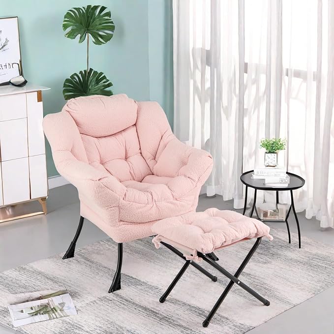 GORELAX Lazy Chair with Ottoman Modern Accent Chair w/Armrests &amp Side Pocket Upholstered Lounge Sofa Chair &amp Folding Footstool Set Reading Chair for Bedroom Living Room Dorm Room (Plush P