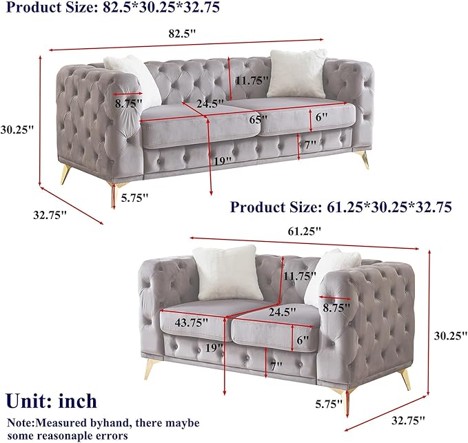 Sofa and Loveseat Set Chesterfield Vintage Mid Century Modern Velvet Fabric Upholstered Button Tufted Deep Seat Sofa Couch Furniture Set with 4 Throw Pillows for Living Room Office Beige (2 Pieces)