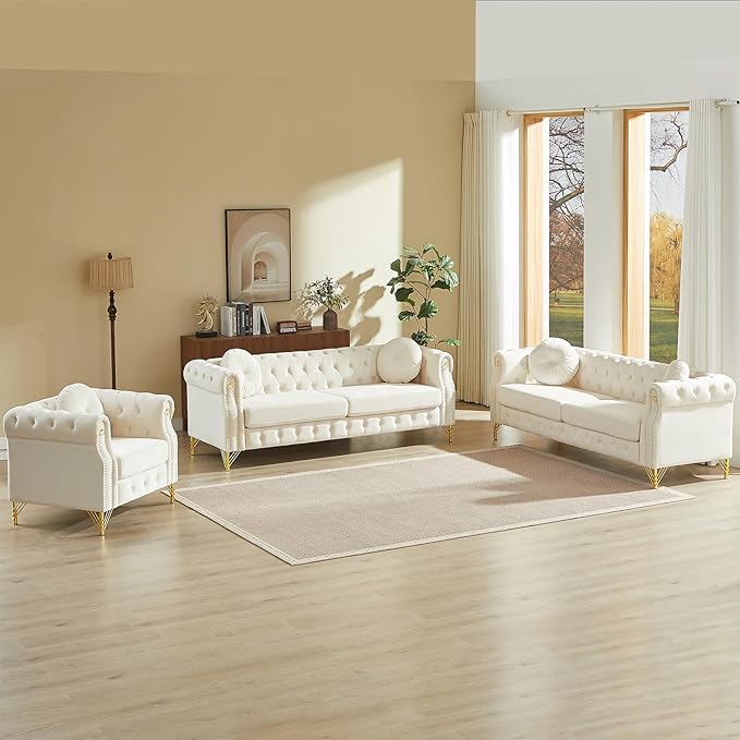 Chesterfield Velvet Button Tufted Sofa 2-Pieces 82&ampChair Modern 7-Deep Seater Couch Retro Style Upholstered Comfy Sectional Sofa for Living Room Bedroom Apartment Office Beige