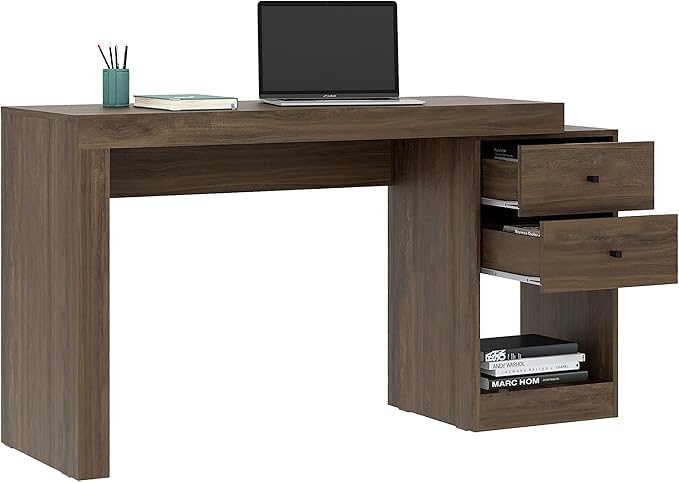 Expandable Desk with Storage Drawers &amp Open Shelf - Expands from 47 Inch to 57 Inch - Walnut Computer Desk with Printer Space - Modern Home Office Table with Drawers - Techni Mobili Blanco Collect