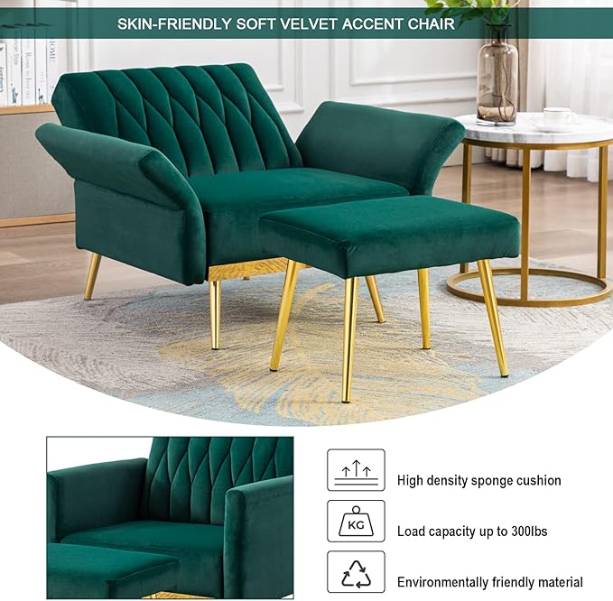 Paddie Modern Velvet Single Sofa Chair with Ottoman Accent Living Room Chairs with Adjustable Armrests Upholstered Tufted Lounge Chair for Home Bedroom Office