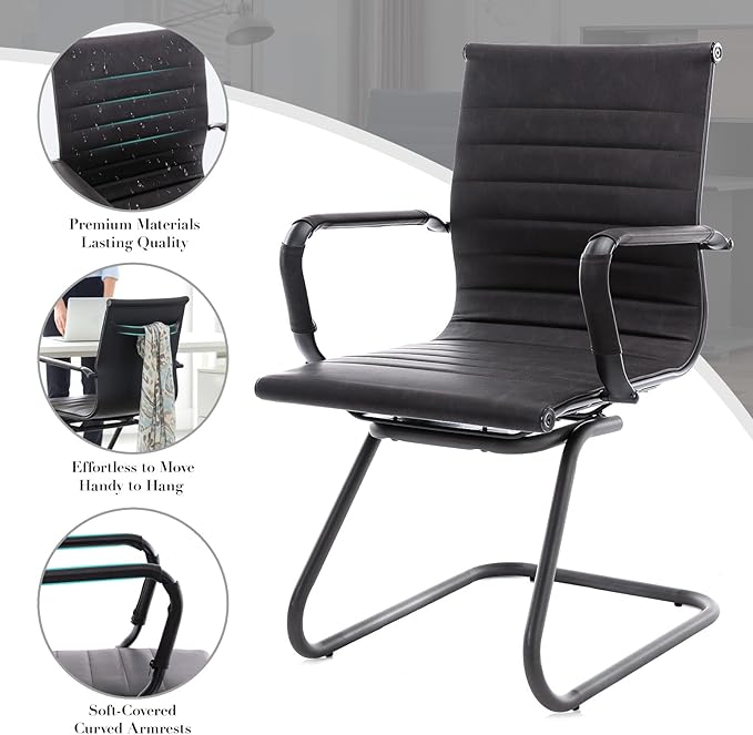 CIMOTA Waiting Room Chairs Leather Office Guest Chair Mid Back Reception Chairs with Sled Base for Meeting/Patient/Conference Room Retro Black Set of 6