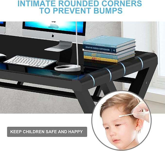 Computer Desk Tempered Glass Desk Home Computer with Metal Frame Desk Table for Home Office Gaming Modern Sturdy Writing Desk for Small Spaces 55.1-black