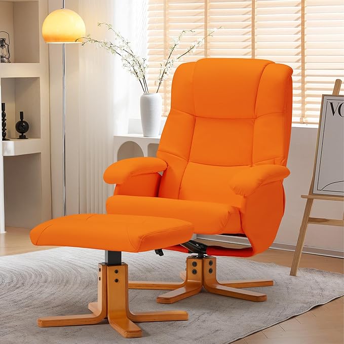 Swivel Recliner with Ottoman Reclining Chair and Footrest PU Leather Upholstered Chair Ottoman Set with Wrapped Base for Living Room Bedroom and Home Office Orange