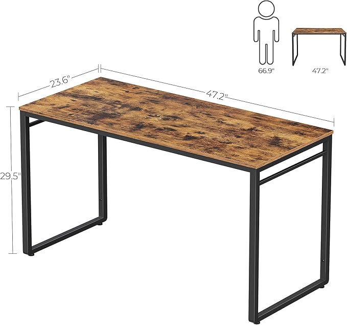 VASAGLE Computer Desk Office Desk with 8 Hooks for Study Home Office Easy Assembly Industrial Design 47.2 x 23.6 x 29.5 Inches Rustic Brown ULWD58X