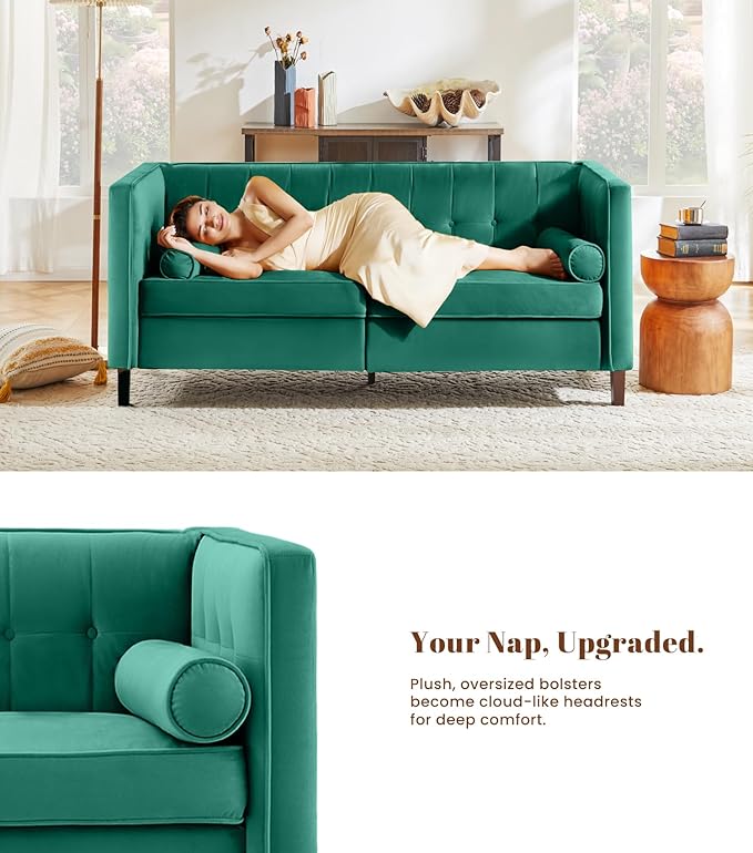Dreamsir 58'' W Velvet Sofa Mid-Century Love Seats Sofa Furniture with Bolster Pillows Button Tufted Couch for Living Room Tool-Free Assembly (Loveseat Green)