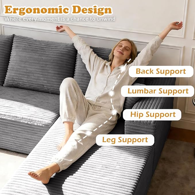 107 L-Shaped Modern Modular Sectional Sofa Oversized Corduroy Boneless Couches with Deep Seat Comfy Upholstered Cloud Couch for Living Room (Grey 3S+Left Facing Chaise)