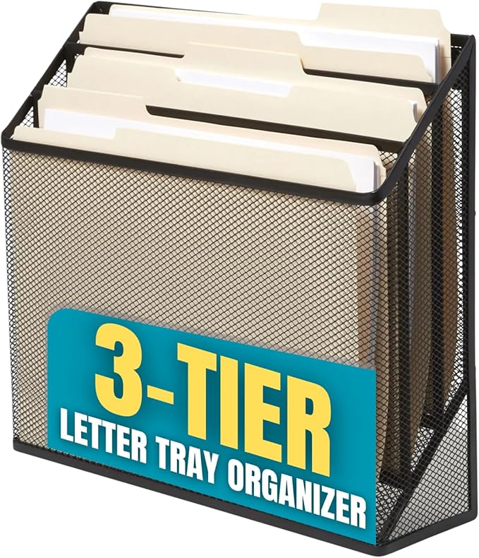 1InTheOffice 3 Tiers File Folder Organizer Desk Sorter Black Mesh