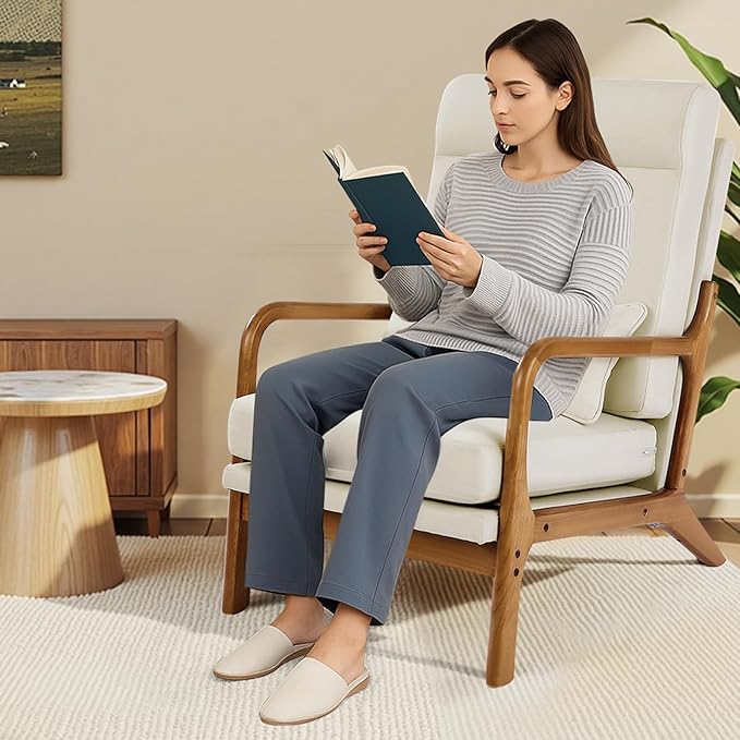 VEVOR Accent Chair High Back Mid Century Modern Armchair with Solid Wood Frame and Non-Slip Legs Upholstered Leisure Chair with Linen Fabric and 5.3 in Thickened Cushion for Living Room Bedroom
