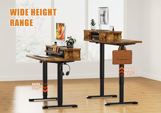 Flycity Electric Standing Desk with Dual Monitor Stand Height Adjustable Desk Sit Stand Desk with Memory Controller Casters &amp 2 Hooks Low Noise Home Office Desk (Rustic Brown 48 x 24)