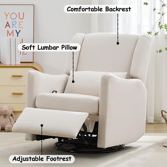 Lazy Boy Glider Recliner Nursery Chair with Wingback Swivel Rocking Recliner for Small Spaces Thick Cushion Linen (Beige)