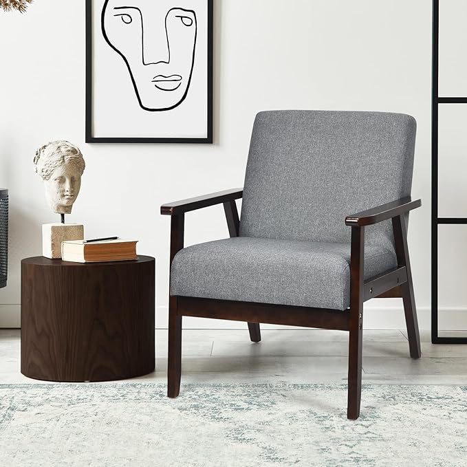 POWERSTONE Mid Century Accent Chair Modern Living Room Armchair Linen Upholstered Reading Lounge Chair Leisure Side Chair with Wood Leg for Bedroom Dark Grey