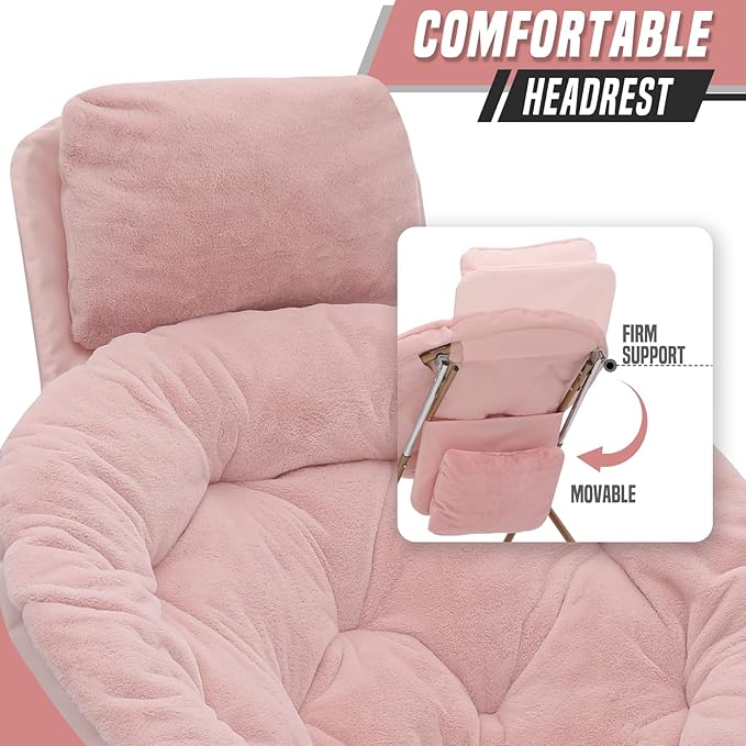 Comfy Saucer Chair Set of 2 with Headrest Large Cozy Metal Frame Cozy Lounge Lazy Chair Folding Faux Fur Round Saucer Chair for Adults Foldable Papasan Moon Chair