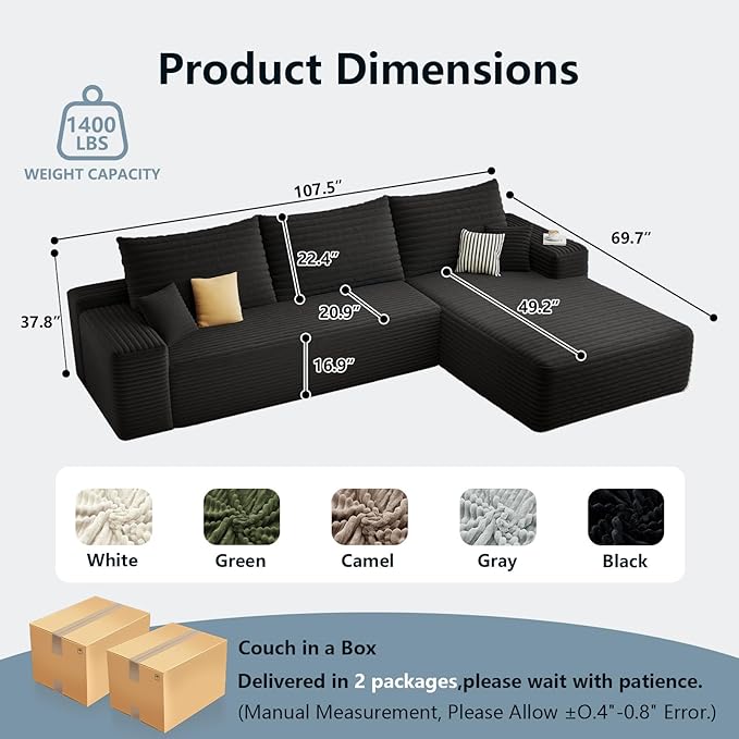 107.5 Cloud Sectional Couch with L-Shape Chaise Corduroy Boneless Couch for Living Room Modern Memory Foam Sofa with Deep SeatNo Assembly Required(Jet Black-Right Facing Chaise)