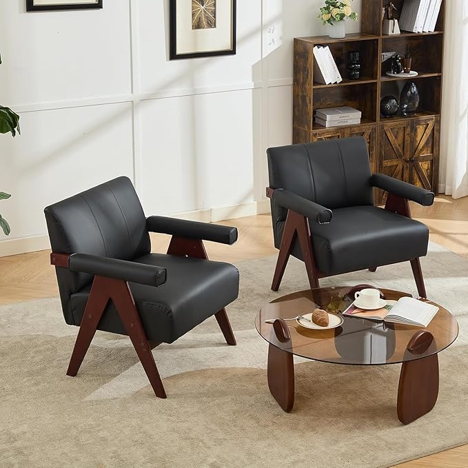 AODAILIHB Black Leather Accent ChairMid Century Modern Accent Chair Solid Wood Frame Black Leather Armchair Modern Reading &amp Living Room Chair for Office Guest &amp Waiting Room