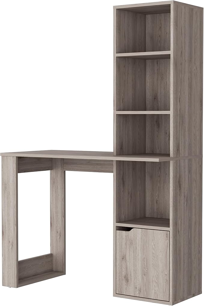 Home Office Desk Computer Desk with 4-Tier Bookcase and 1-Door Cabinet Gray