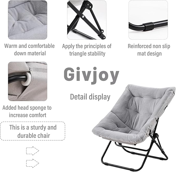 Comfy Folded Chair Soft Faux Fur Oversized Folding Accent Chair Flexible Lazy Chair for Adults Kids Metal Frame Moon Chair for Dorm Room Bedroom Living Room