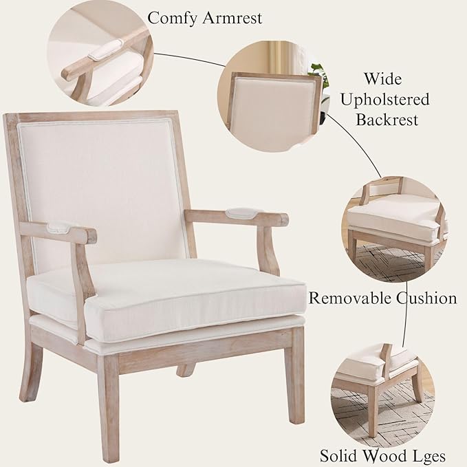 Modern Farmhouse Accent Chairs Set of 2 Wide Upholstered Living Room Chairs with Armrest Pads Coastal French Country Wooden Armchairs for Bedroom Guest Room Beige Linen Fabric