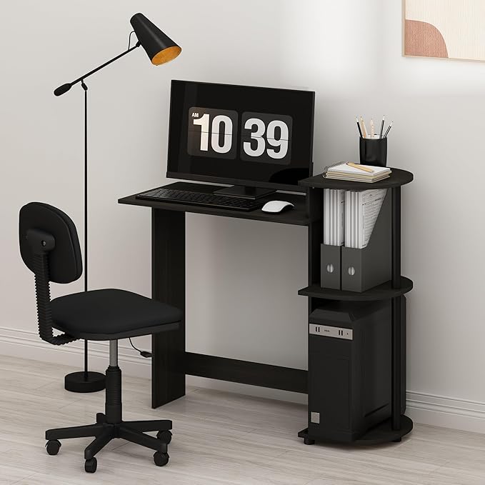 Furinno EFFICIENT Desk 28.6 Wide Gaming Desk with 3 Open Side Shelves Laptop Notebook Computer Desk Office Desk for Home Office Study Room Dorm Bedroom Solid Black
