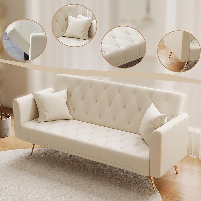 Modern Velvet Sofa Bed Futon with 2 Pillows2-in 1 Convertible Sleeper Couch BedFolding Recliner Loveseat with Golden Metal Legs for Living Room Apartment Office (Beige)