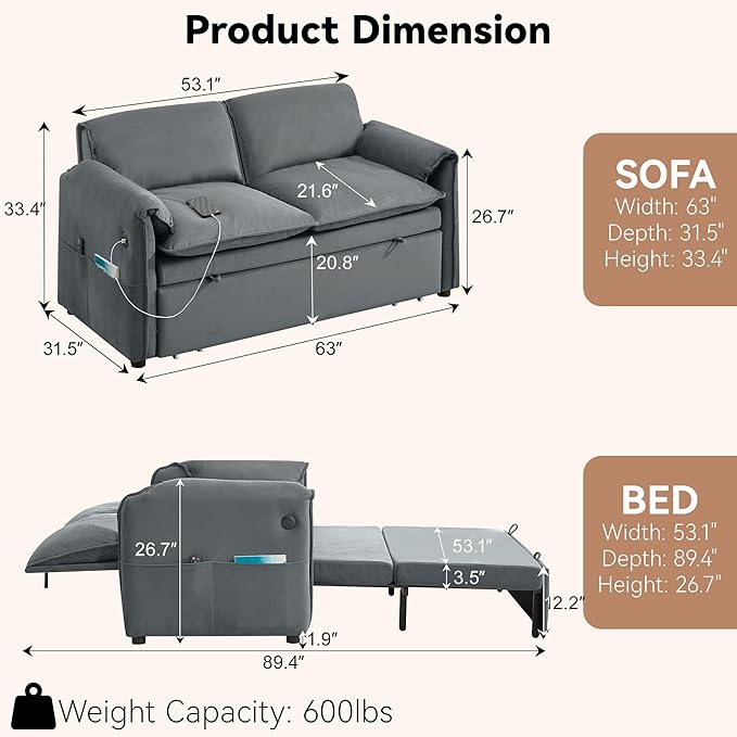 63 Velvet 3 in 1 Convertible Sleeper Sofa Bed Pull Out Couch Bed Loveseat with Adjustable Backrest Chaise Lounge USB Port &amp Side Pocket Modern Sofa for Living Room Small Spaces Gray