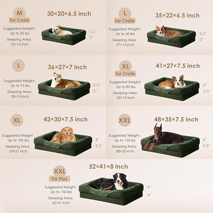 EHEYCIGA Orthopedic XXL Dog Bed for Large Sized Dog 52x41x8 Inch Extra Large Memory Foam Dog Couch Bed with Sides Waterproof Liner &amp Washable Removable Cover Bolster Pet Sofa Dark Green