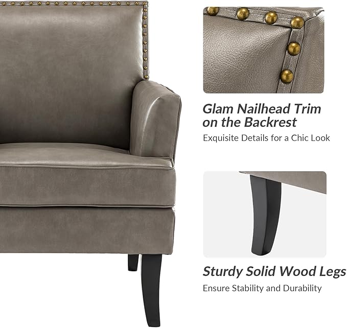 HULALA HOME Modern Faux Leather Accent Chair Comfy Upholstered Sofa Chair with Nailhead Trim Living Room Bedroom Armchair with Wood Legs Grey