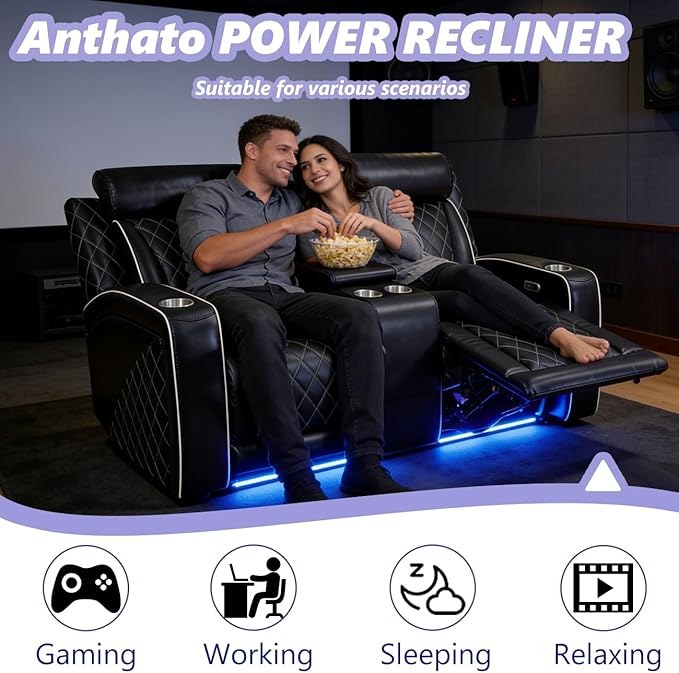 Power Recliner Loveseat Living Room Furniture Sets Breathing Leather Reclining Couch in 2 Seat Luxury Reclining Loveseat Sofa with Cupholders/Storage/Charging for Home Theater/Office Black