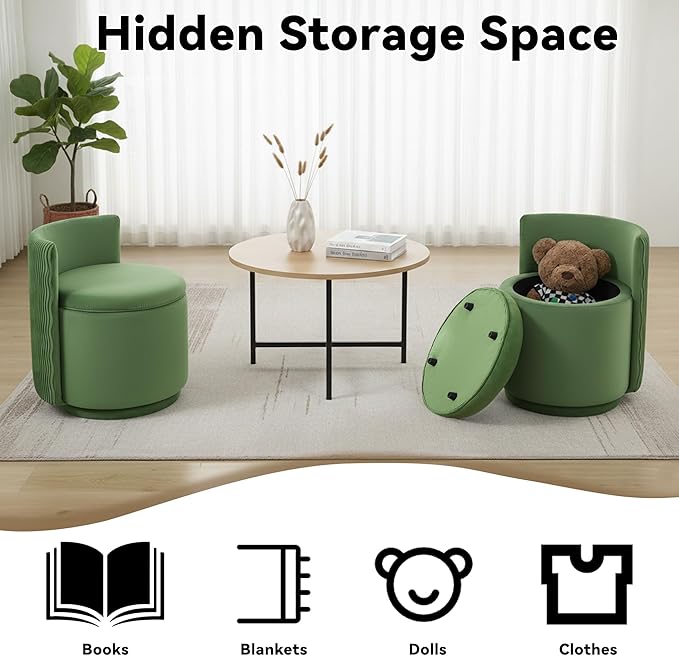 360° Swivel Velvet Vanity Chair with Storage Barrel Makeup Chair with Wave Back No Assembly Vanity Stool Small Accent Chair for Living Room Green