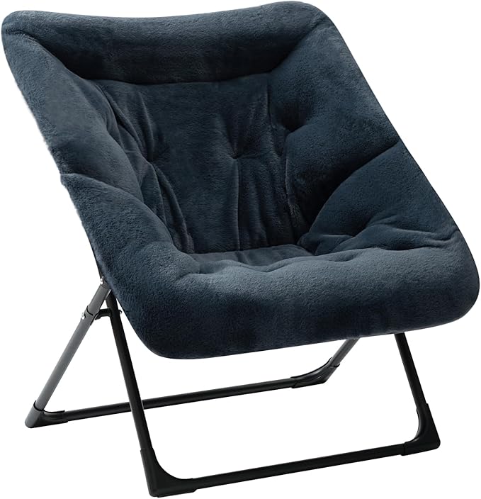 HollyHOME X-Large Saucer Chair Comfy Oversized Folding Chair Faux-Fur Reading Chair for Teens Adults Foldable Accent Lazy Chair Metal Frame Lounge Chair for Living Room Bedroom Dorm Navy Blue