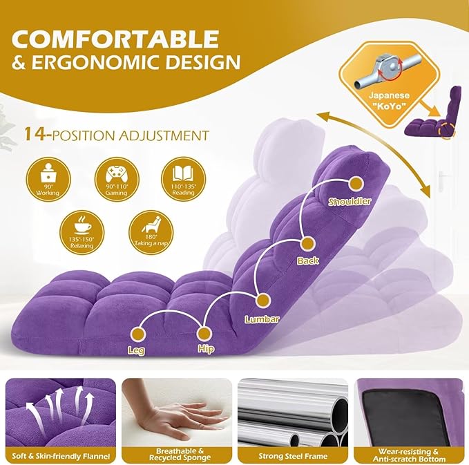 Folding Floor Gaming Chair Adjustable 14-Position Backrest 6-Inch Thick Flannel and Skin-Friendly Cotton Sponge Breathable Ideal for Gaming Meditating Sleeping Purple