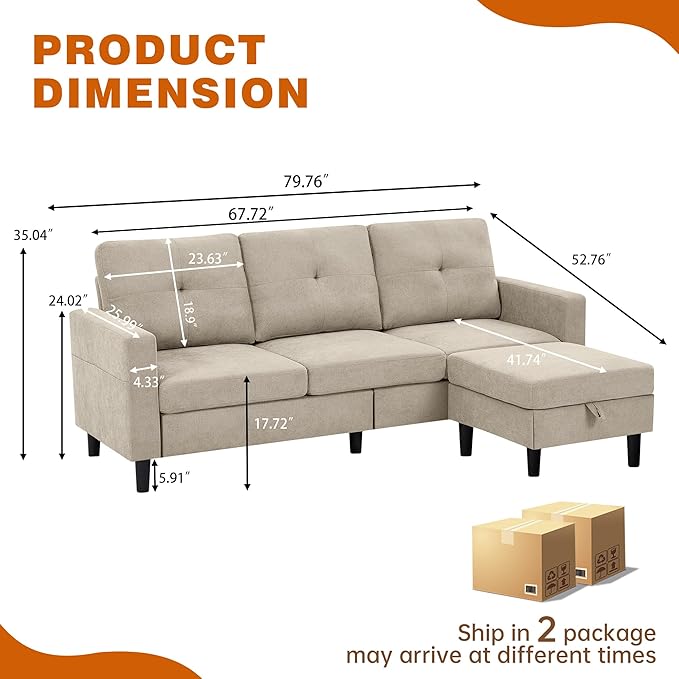 80 Convertible Sectional Sofa Couch with Movable Ottoman 3 Seats Sectional Sofas L Shaped Couch for Small Spaces Soft Fabric Couch for Living Room (Beige)